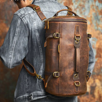 NASVA Genuine Leather Men’s Multifunctional Bag Vintage Backpack Crossbody Handbag Tote Cylinder Bag